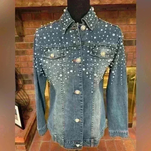 QUACKER FACTORY PEARL & RHINESTONE WESTERN BLUE DENIM JEAN JACKET SHACKET SZ S-L - Picture 2 of 15